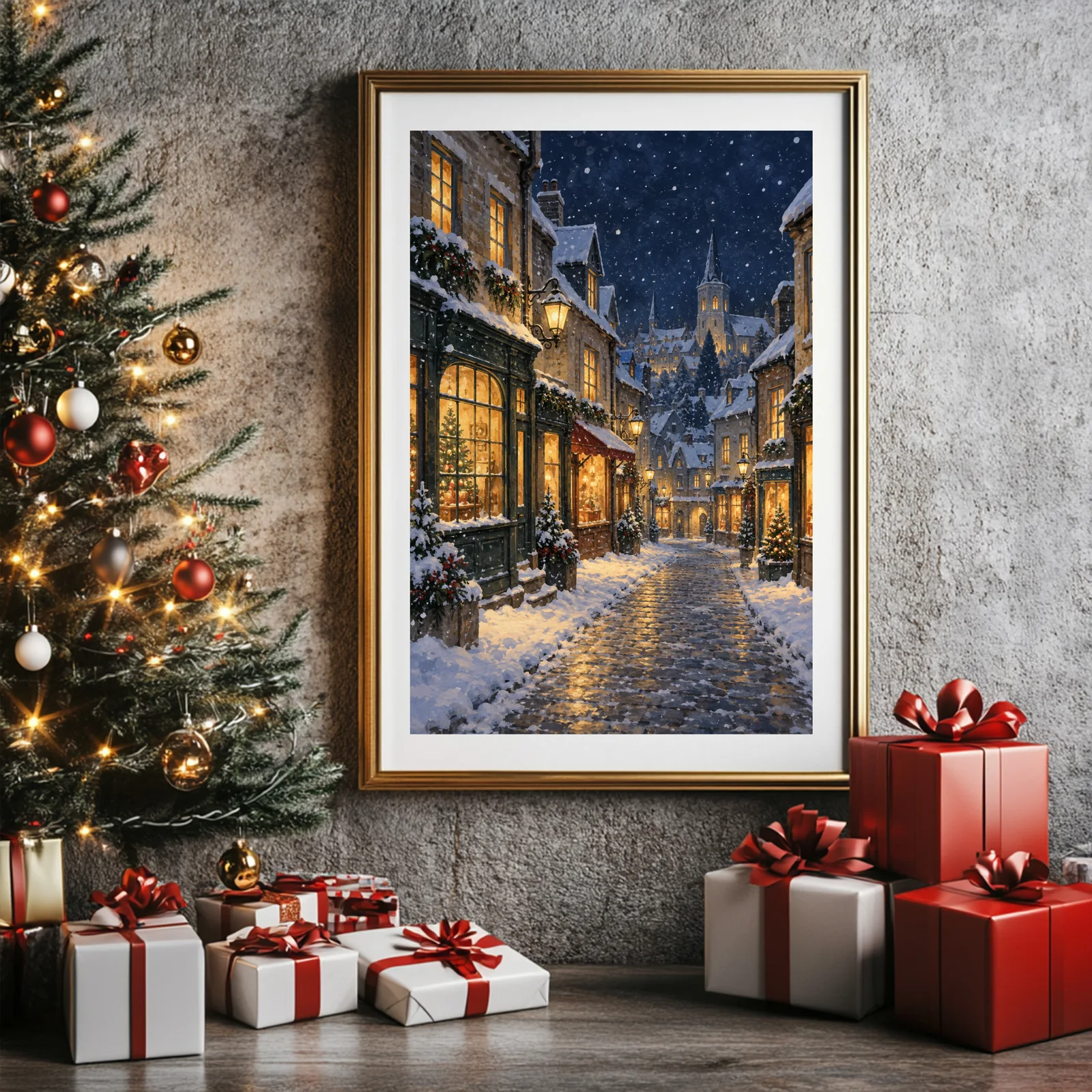 Snowy Village at Night printable wall art